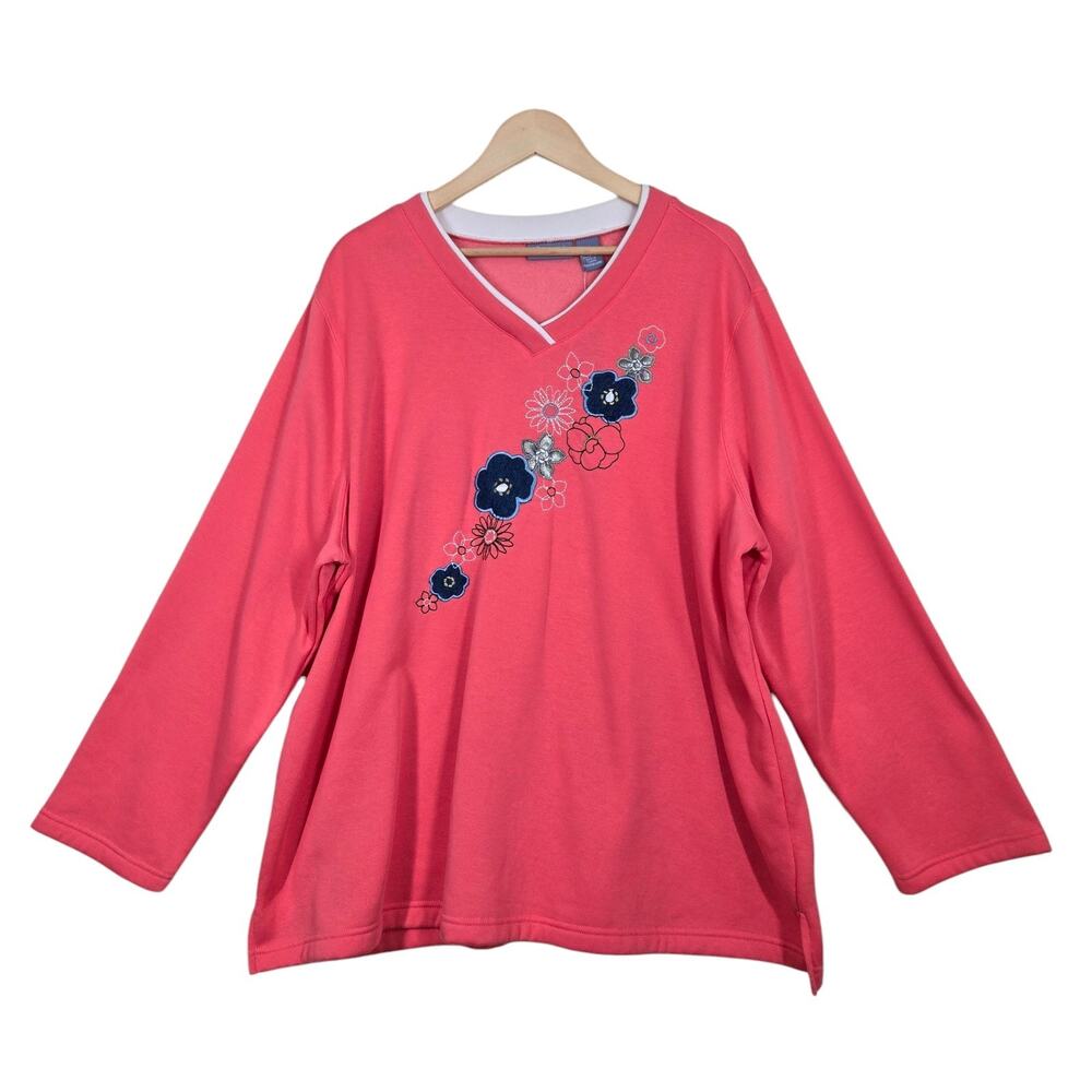 VTG Liz & Me Embroidered Sweatshirt sz 2X Coral Pullover Cottagecore Grandmacore